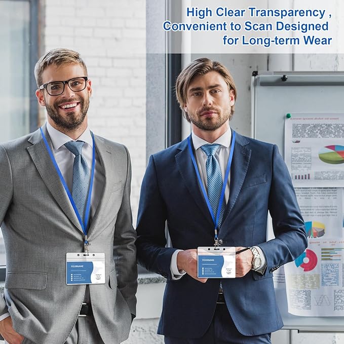 100 Pack Lanyards for ID Badges with Clear Name Tags, Reusable Lanyards Horizontal ID Card Badge Holders Plastic Name Badges for Men Women Kids Business School and Office Supplies (Blue)