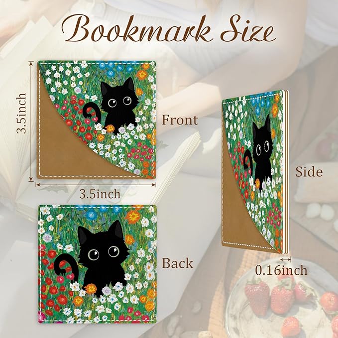 Cute Black Cat Corner Bookmarks, Funny Leather Book Accessories for Book Lovers, 3 Pcs Reading Book Page Markers for Women Men Student Teacher Girls Boys Kids Retirement Birthday Gifts