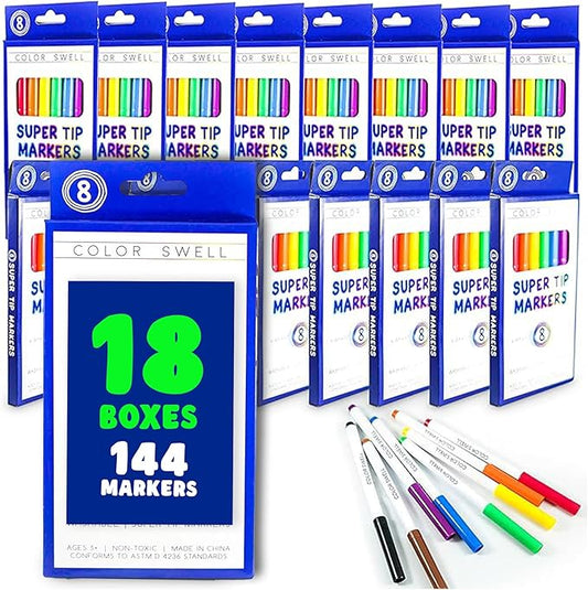 Color Swell Bulk Markers - 18 Packs 8 per Pack (144 Total) - Super Tip Bulk Markers