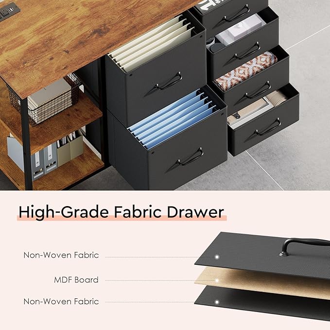 6 Drawer File Cabinet with Charging Station Rolling Printer Stand with Open Storage Shelf Fabric Lateral Filing Cabinet for Home Office,Rustic Brown