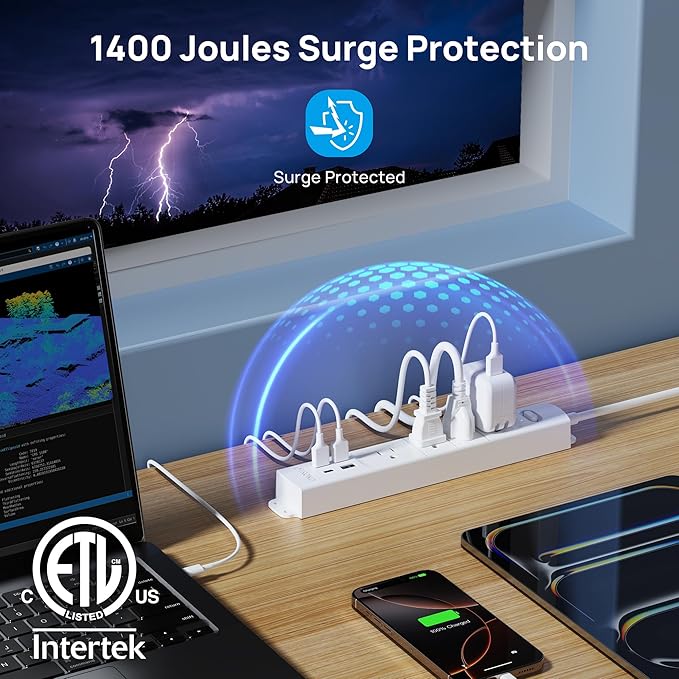 TROND Surge Protector Power Strip with USB, Ultra Thin Flat Plug 10ft Long Extension Cord 1625W, 3 USB A & 1 Type C, 4 AC Outlets 1440J Surge Protection Wall Mount for Home Office Dorm Room, White