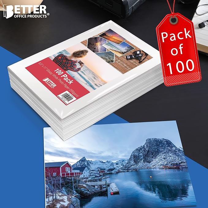 Better Office Products Glossy Photo Paper, 8.5 x 11 Inch, 100 Sheets, 200 gsm/53LBS, Letter Size, 100-Count Pack