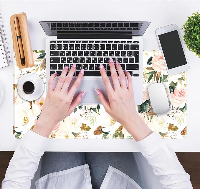 Desk Mat Pink Floral Desk Pad Cute Flowers Mouse Pad Gaming XL Large Mousepad Green Leaves Desk Matt for Desktop, Computer Laptop Keyboard Mouse Mat for Women Office Decor Accessories 31.5x15.7 in
