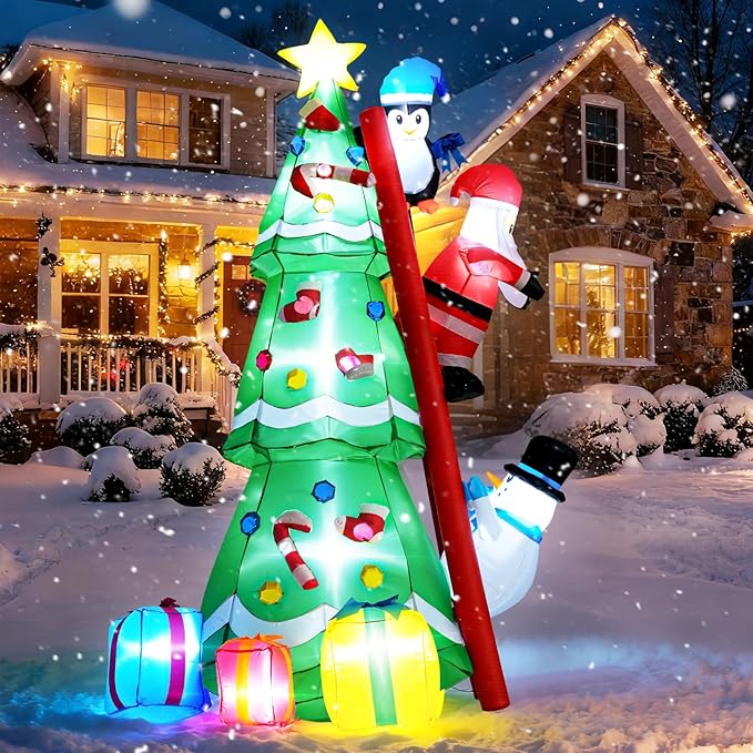 8FT Christmas Inflatable Decorations, Santa Climbing Ladder to Christmas Tree, Outdoor Christmas Blow up Yard Decor with LED Lights Star Treetop for Holiday Party Garden Patio Display Hall Lawn