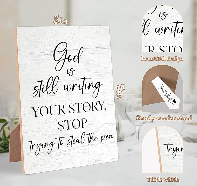 God Is Still Writing Your Story Wooden Sign with Stand, Bible Verses Decor, Christian Home Decor, Desk Signs for Office, Christian Gifts, Coworker Gifts, Encouragement Gifts for Women Men Friend,6