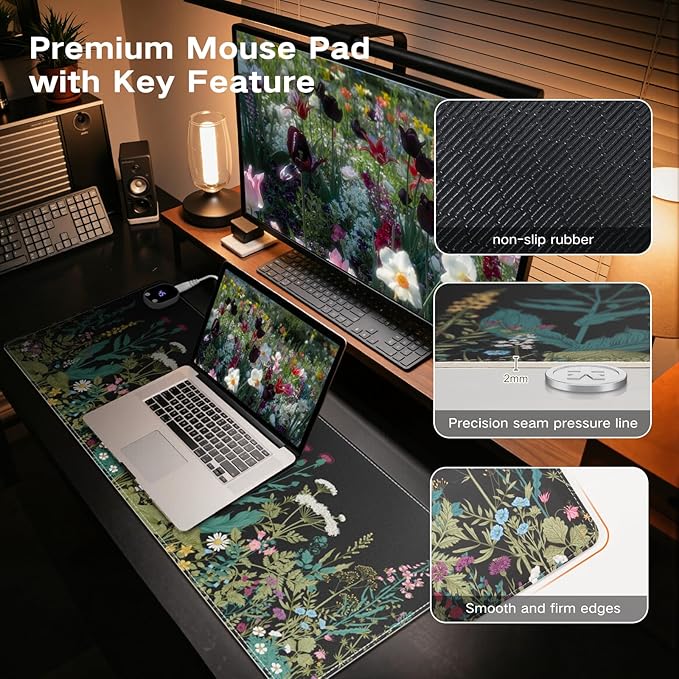 iCasso Heated Mouse Pad, XL Big Aesthetic Desk Pad with 4 Heating Levels & 4 Auto Shut-Off Levels for Computer Keyboard, 31.5" x 13" Large Safe Desk Mat Hand Warmer for Home Office Work (Weeds)