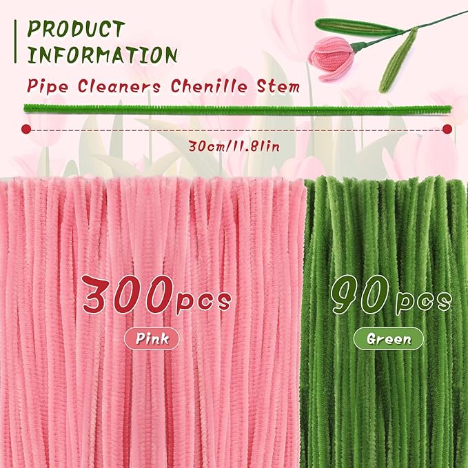 UzecPk Pink Pipe Cleaner Flower Kit Pipe Cleaner Flowers Pipe Cleaners Bulk Green Pipe Cleaners Chenille Stems Set with Floral Wire Instructions for DIY Art and Craft Projects Creative(15 Flowers)