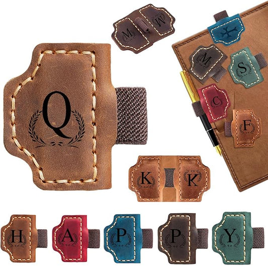 Custom Bygone Mark Bookmark with Pen Holder, 26 Letters Name Initial Personalized Magnetic Leather Bookmark, Gifts for Book Lovers, Readers, Travelers, Leather Book Marks (Light Brown, Q)