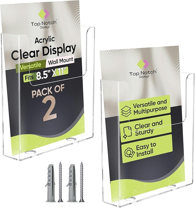 Acrylic Brochure Holder for Wall Mounting, Clear Display for 8.5" x 11" Flyers, Literature Holder for Magazines, Pamphlets, Menus, Includes Screws & Plastic Anchors – Pack of 2