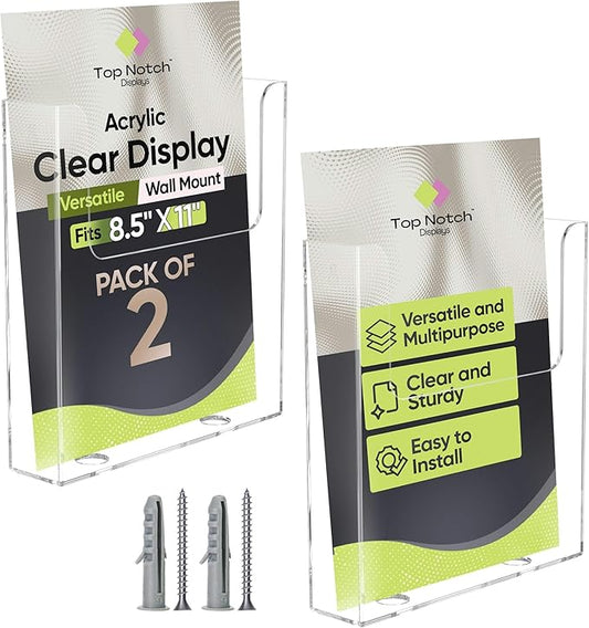 Acrylic Brochure Holder for Wall Mounting, Clear Display for 8.5" x 11" Flyers, Literature Holder for Magazines, Pamphlets, Menus, Includes Screws & Plastic Anchors – Pack of 2