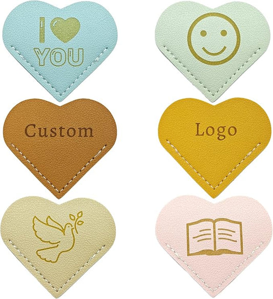 Handmade 6 Pcs Leather Heart Bookmarks - Personalized Corner Page Book Mark with Initials Custom, Cute Reading Gifts for Women Men, Teachers, Students, Mum, Dad, Book Lovers (Love 6 Pcs-Custom)