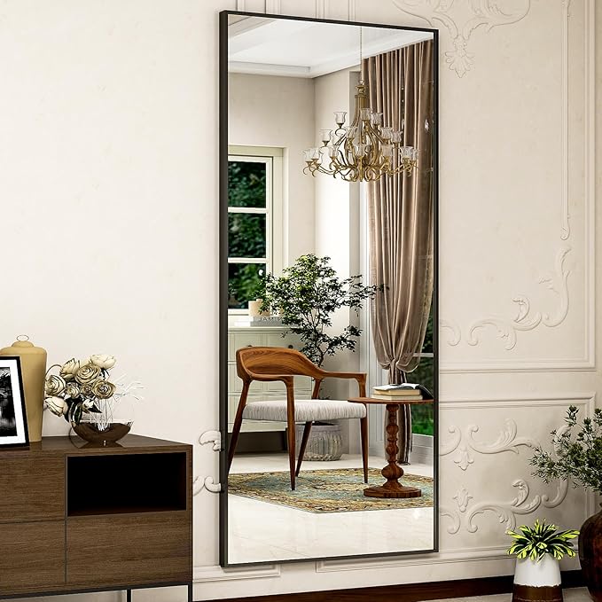 Full Length Mirror 64"x21" Black, Rectangle Wall-Mounted or Standing Full Body Mirror for Bedroom, Living Room, Dressing Floor Mirror