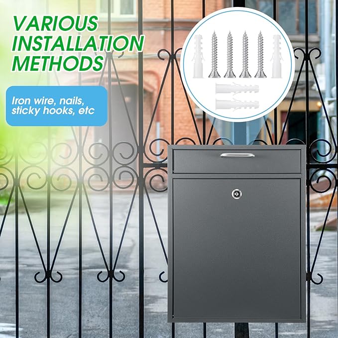 Locking Mailbox with Key for Outdoor 18 x 15 x 7 Inches Large Wall Mount Mail Box with Lock Security Mail Drop Metal Collection Boxes Hanging Secure Postbox(Dark Gray)