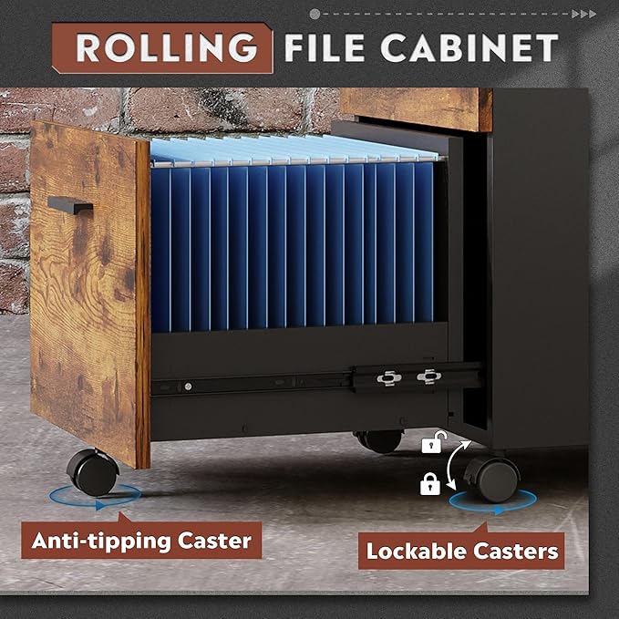 DEVAISE 3 Drawer Wood Mobile File Cabinet, Rolling Filing Cabinet for Letter/A4 Size, Rustic Brown