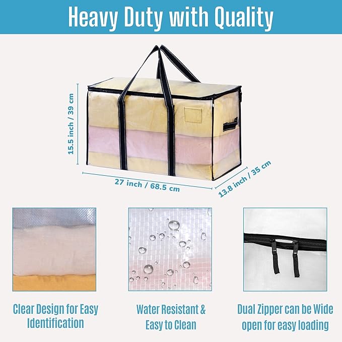 VENO 10 Pack Moving Bags, Moving Supplies, Moving Boxes, College Packing Storage Boxes with Lids Alternative, Heavy Duty Totes, Extra Large, Sturdy Handles, Zipper (Clear with Black Handles, 10 Pack)