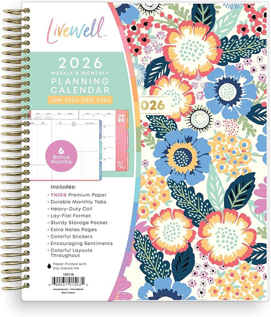 Blue Sky Livewell 2026 Weekly and Monthly Planner Calendar, January 2026 - December 2026, 7" x 9", Flexible Laminated Cover, Heavy Duty Coil Binding, Colorful Premium Paper, Includes Storage Pocket, Stickers, Charmie