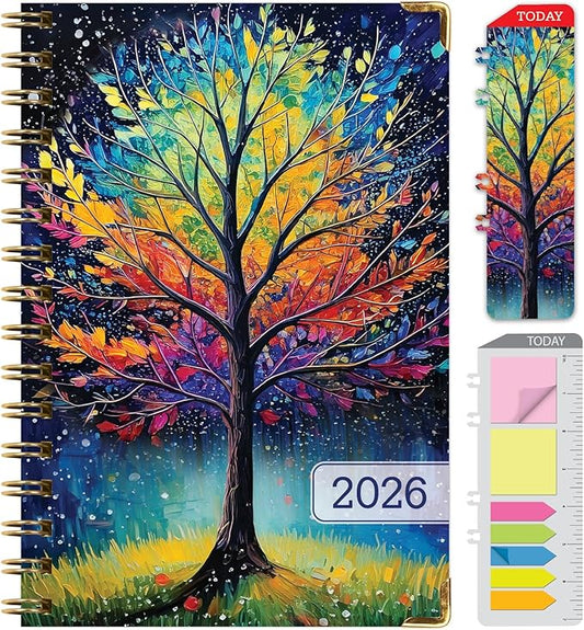 HARDCOVER 2026 Planner, 5.5"x8": 14 Months (November 2025 - December 2026), Daily Weekly Monthly Planner, Yearly Agenda, Bookmark, Pocket Folder and Sticky Note Set (Black Tree Seasons)