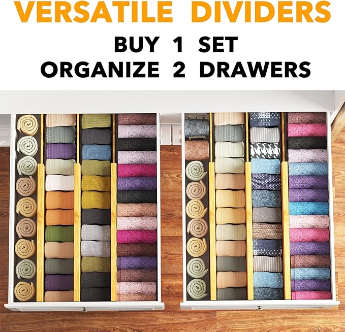 SpaceAid Bamboo Dresser Drawer Dividers 6 Pack, 4.65“ High Adjustable 17“-22” Drawer Organizers, Expandable Organization for Clothing, Clothes, Dressers, Natural