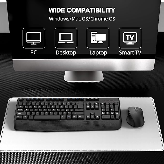 Wireless Keyboard and Mouse Combo, EDJO 2.4G Full-Sized Ergonomic Computer Keyboard with Wrist Rest and 3 Level DPI Adjustable Wireless Mouse for Windows, Mac OS Desktop/Laptop/PC (Dark Gray)