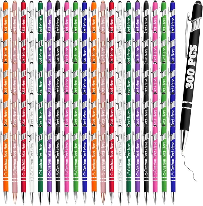 Personalized Pens Bulk 300 with Name Custom Engraving Ballpoint Pens with Stylus Tip Customized Smooth Writing Pens Personalized Gifts for Anniversary Birthday or Graduation(Assorted,Black Ink)