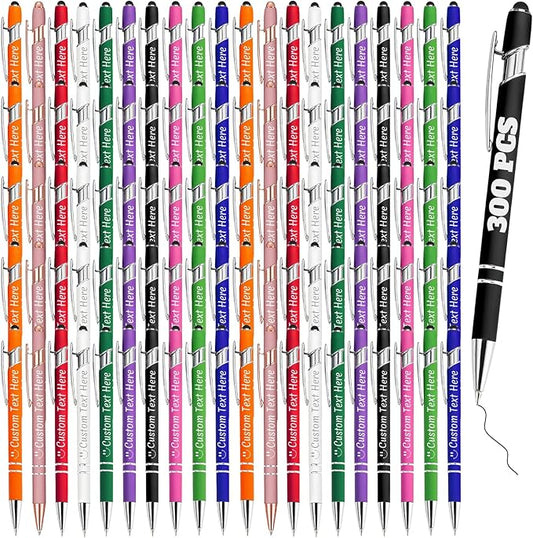Personalized Pens Bulk 300 with Name Custom Engraving Ballpoint Pens with Stylus Tip Customized Smooth Writing Pens Personalized Gifts for Anniversary Birthday or Graduation(Assorted,Black Ink)