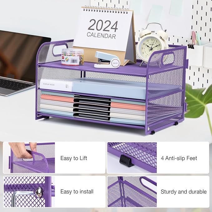 3-Tier Letter Tray Paper Organizer with Handle,Compact Mesh Desk File Organizer for Home Office Supplies Desktop Accessories,Purple