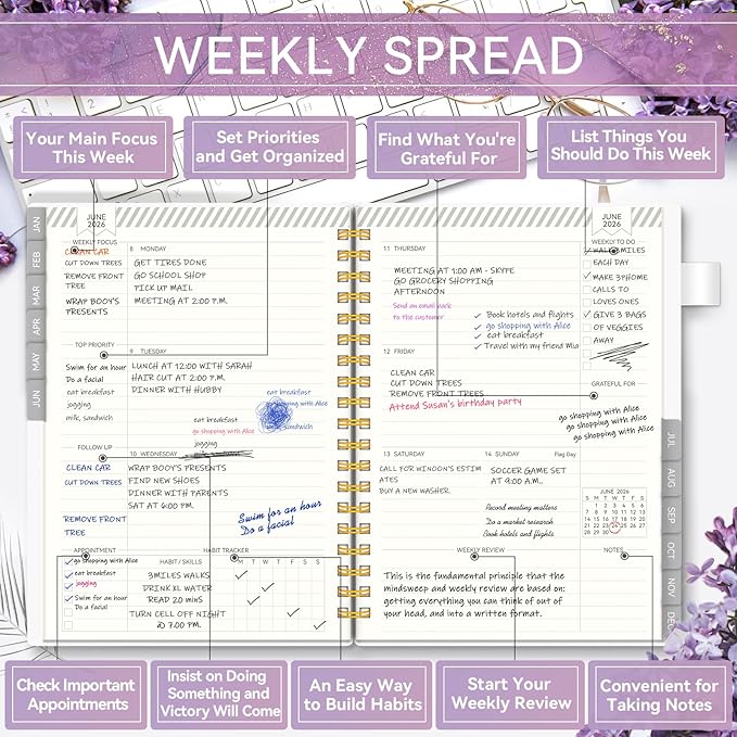Planner 2026 -Weekly and Monthly Planner, AIMPEAK 2026 Weekly Planner with Tabs, Jan. 2026 - Dec. 2026, Calendar Planner for Women, Pen Loop, Flexible Cover, Spiral Binding, Purple Marble, 10"x7"