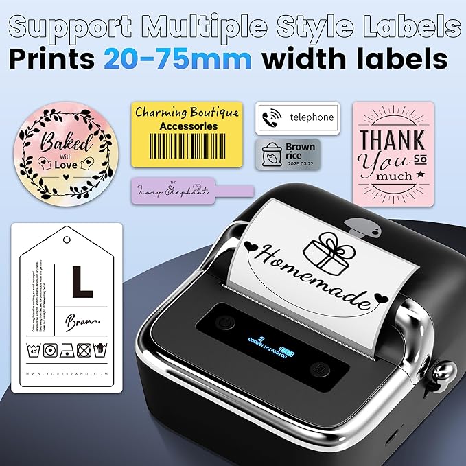 Phomemo M250 3 Inch Label Maker Machine with Tape, 2025 Upgrade Portable Barcode Label Printer for Business, Home, Logo Label, Thermal Address Label Maker with 100 Labels, 40x30mm