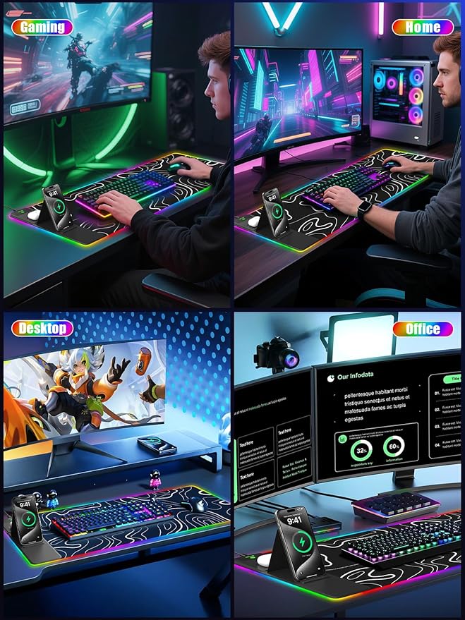 Mouse Pad with Foldable Phone Holder & Wireless Charger, XXL RGB Gaming Mousepad 31.5"x15.8" Large Desk Mat for Keyboard, Black Desk Pad with Dual Qi Charging Station | 11 Colors 5 Modes | Waterproof