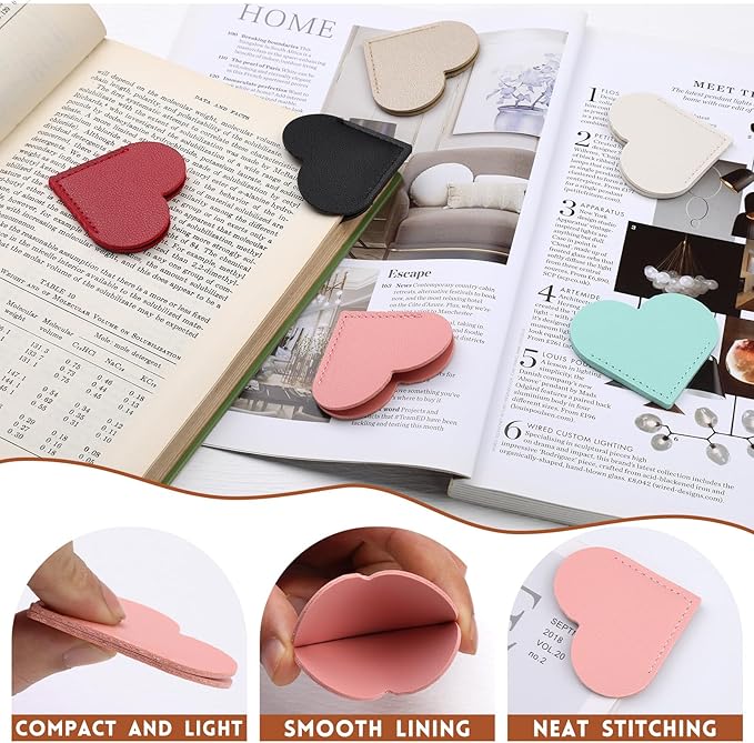 6 Pcs Leather Heart Bookmarks, Bookmarks for Women, Cute Heart Bookmark Corner, Book Marks for Teachers Students School Office Home Supplies