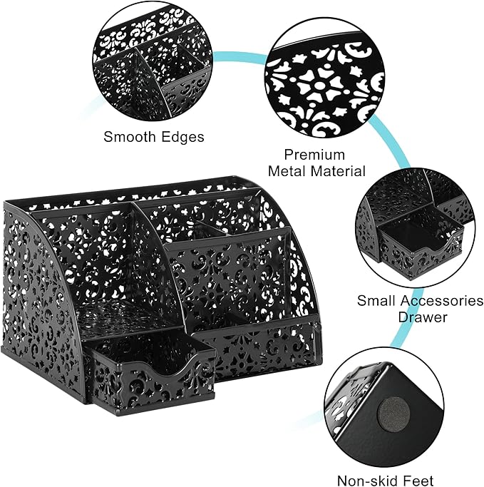 EasyPAG Pen Holder Desk Organizer with Drawer Pencil Cup for Desk 6 Compartments Metal Office Caddy Storage with Sticky Notes Holder for School Home Office, Black