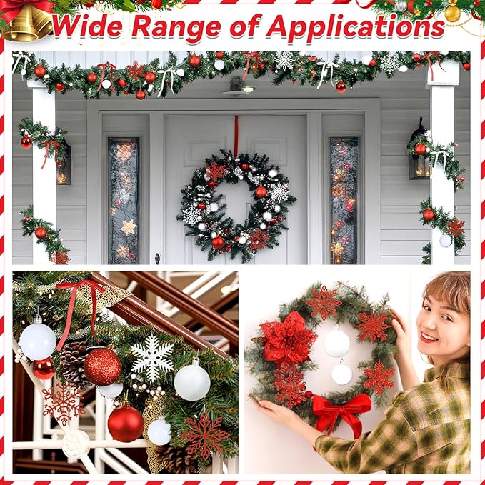 86Pcs Led Light Red and White Christmas Tree Decorations Set 100 Led Light Christmas Star Trees Topper with String Lights Xmas Balls Snowflakes Ornaments Bows Xmas Trees Decor 20m Light String