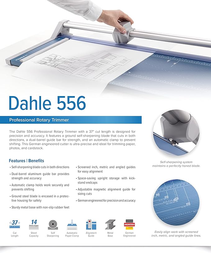 Dahle 556 Professional Rotary Trimmer, 37" Cut Length, 14 Sheet Capacity, Self-Sharpening, Dual Guide Bar, Automatic Clamp, German Engineered Paper Cutter