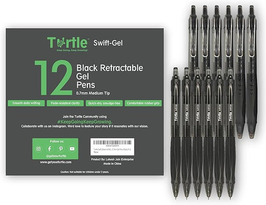 Turtle Swift Gel Pens – Retractable Gel Pens with Black Ink, 0.7mm Medium Point Ballpoint Pens for Writing, Journaling, Note-Taking – Quick-Drying, Smudge-Free – School & Office Supplies - 12-Pack