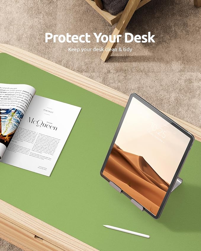 YSAGi Leather Desk Protector, Office Mat, Large Mouse Mat, Non-Slip PU Leather Blotter, Laptop Pad, Waterproof Writing Pad for Office and Home (Leaf Green, 23.6" x 13.8")