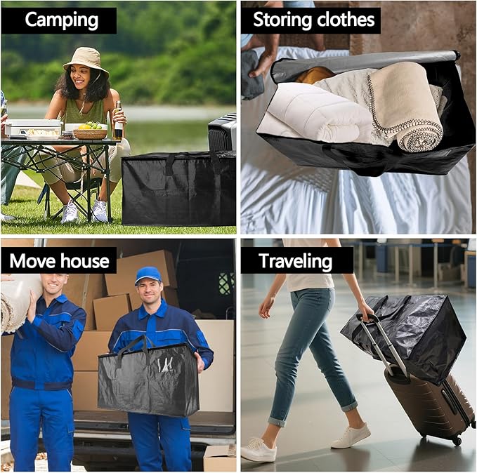 12 Pack Waterproof Moving Bags with Strong Zippers and Reinforced Handles, Real 100lb Capacity Extra Heavy Duty Large Storage Totes for Packing & Moving Storing, Alternative to Moving Boxes -95L,Black