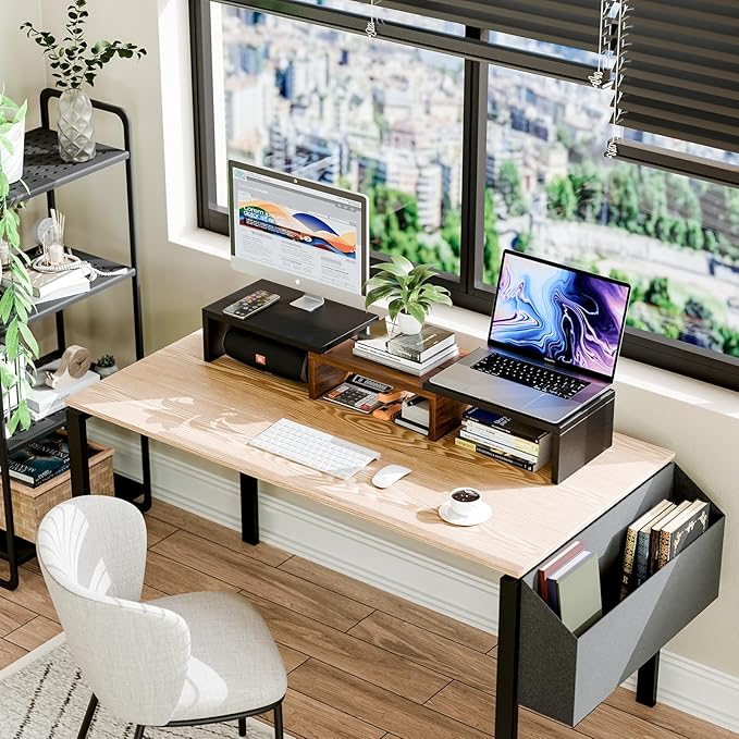 Simple Trending Monitor Stand Riser for Desk Organizer , Adjustable Length and Angle 3 Shelf with Drawer, Black