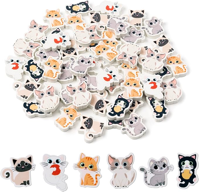 ANGOLIO 60Pcs Cute Cat Erasers Back to School Gifts for Kids Animal Pencil Top Erasers Mini Kawaii Cartoon 3D Desk Pet for Classroom Activities Rewards Game Prizes Birthday Party Supplies, 6 Styles