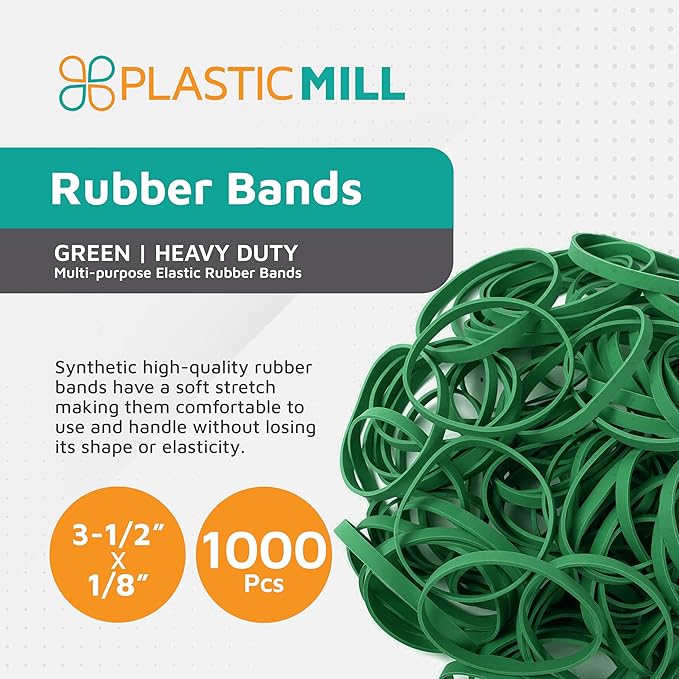 PlasticMill Green Rubber Bands Size 33 (3 1/2" x 1/8") - #33 Colored Rubber Bands Office Supplies - Strong, Elastic Bands for Crafts, Balloon Garland, Cash, File Folders (1,000-Pack)