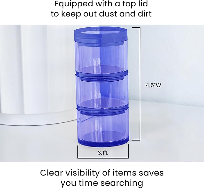 OfficeGoods 3-Tier Stackable Acrylic Holder- Stylish Desk Organizer and Storage for Office or Home – Transparent Round Design, Blue with Silver Metal Base