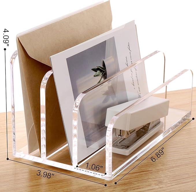 SANRUI Acrylic File Mail Desktop Organizer Sorters,3 Compartments Laddered Clear Desk Letter Organizer Office Document Sorter,Multifunction Envelope Folder Racks Holders for Office,Home, School
