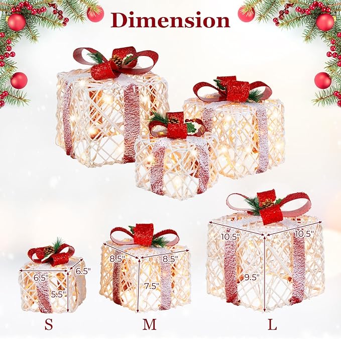 Tangkula Set of 3 Lighted Box, Pre-lit Present Boxes with 100 Warm White Lights, Exquisite Patterns, Bows, Ground Stakes, Indoor Outdoor Christmas Decoration for Yard Lawn