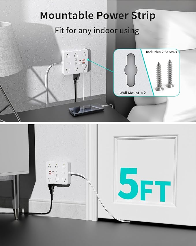 2 Prong Power Strip, 2 Prong to 3 Prong Outlet Adapter with 12 AC & 4 USB(2 USB-C), 1700J Two Prong Surge Protector, 5FT Extension Cord, Wall Mountable, Ideal for Old House Non-Grounded Outlets