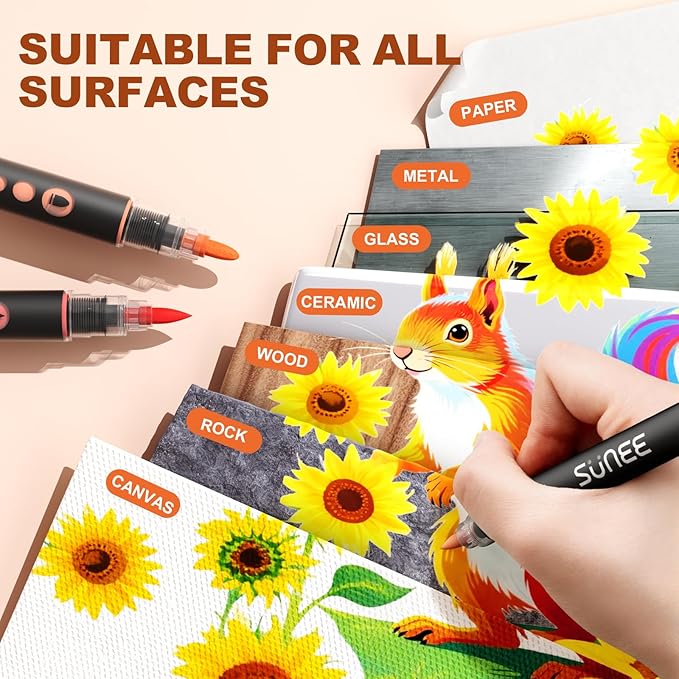 SUNEE 48 Colors Acrylic Paint Markers, Dual Tip with Bullet and Brush Tip Paint Pens with Automatic Ink Control System, Coloring Markers for Rock, Wood, Canvas, Glass DIY Crafts Art Supplies Kit