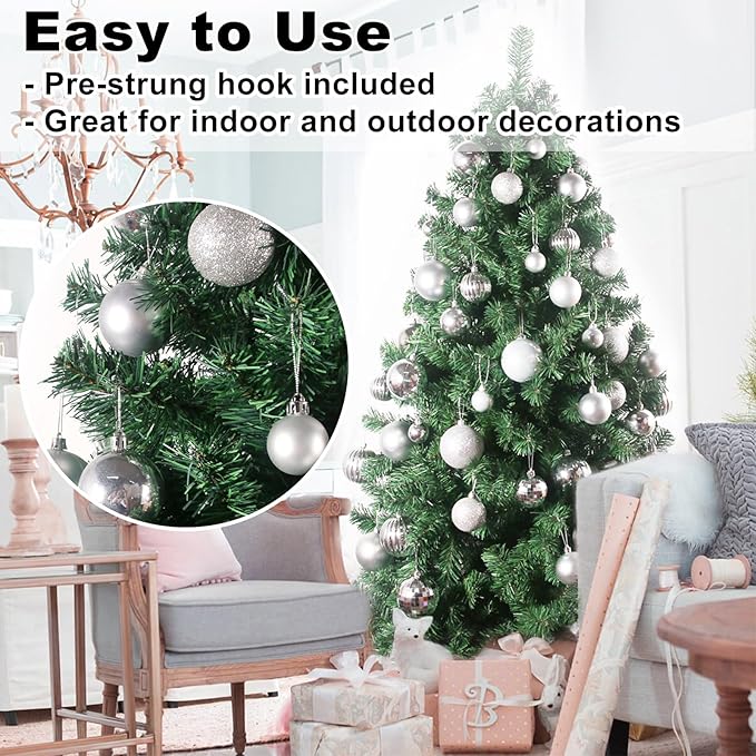 Silver 2.5" Christmas Balls Christmas Tree Decoration Ornaments Shatterproof Hanging Balls for Birthday Halloween Holiday Wedding Decorations Set of 24pcs