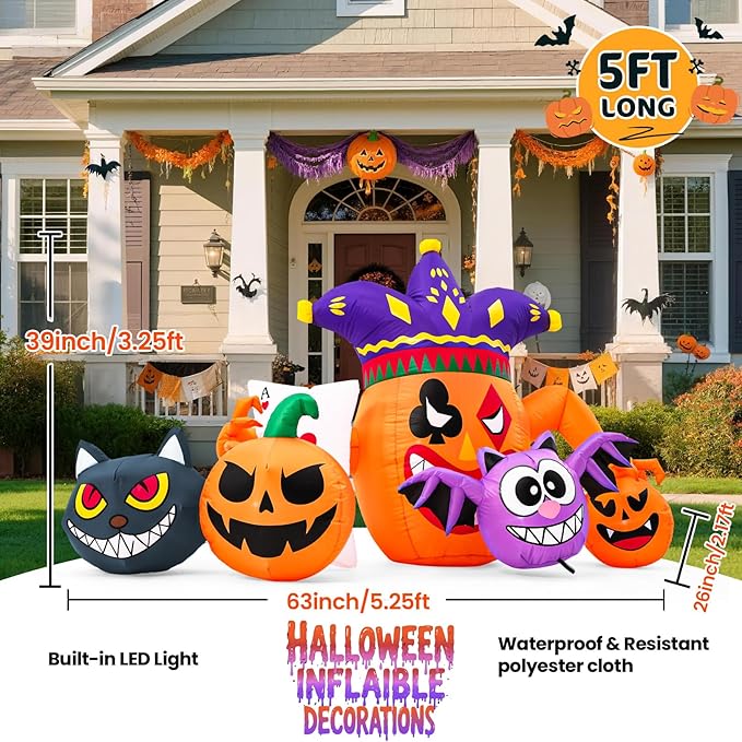 5FT Halloween Inflatable Decorations, Halloween Blow Up Indoor Outdoor Inflatable Pumpkin, Clown, Cat & Bat with LED Lights, Outdoor Halloween Decor for Yard Garden Lawn Holiday Party