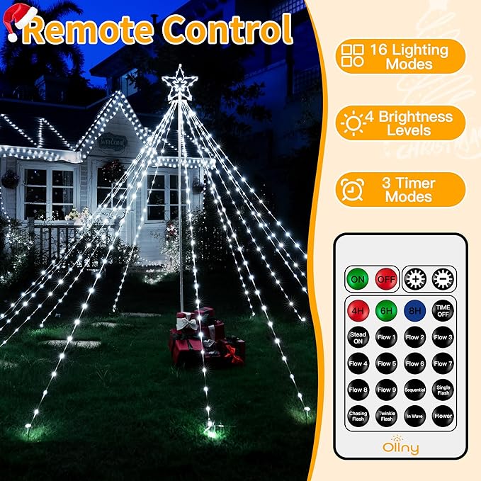 Ollny Christmas Lights Tree 340LED with Topper Star, IP67 Waterproof Remote Control Waterfall Lights with Pole, 16 Modes 3 Timers Dimmable Light Decorations for Outdoor Yard Garden Lawn(Cool White)