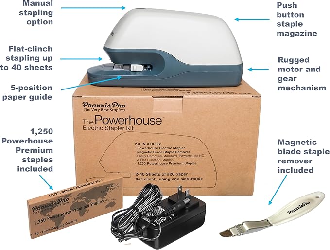 Powerhouse Ultra-Quiet 40 Sheet Premium Electric Stapler – Jam-Free Flat Clinch for Office, School, or Home – Adapter, Magnetic Remover, 1,250 Staples, Does not Require Special Staples