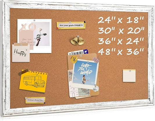 White Cork Board Bulletin Board, 24" x 18" Wooden Framed Corkboard for Office, Decorative Hanging Pin Board Vision Board for Office Home School Decor