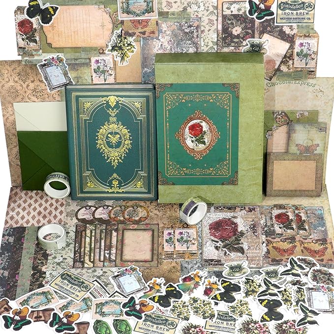Funto Scrapbooking Kit (185 PCS), Medieval Chapter- Green Forest, Perfect for Bullet Scrapbooking Materials, Planner DIY Craft Collage